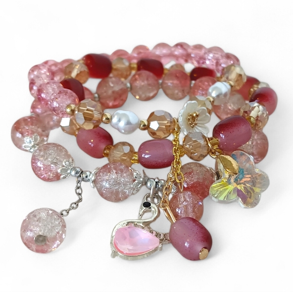 Jewelry - Elegant Pink Gold Beaded Charm Bracelet Set Crystal Pearl Swan Butterfly Girly